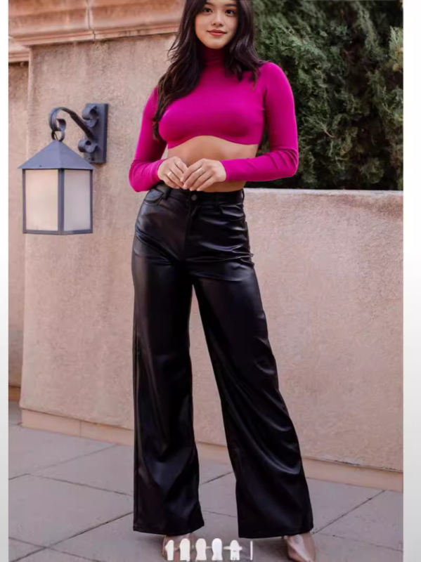Casual ženske široke pantalone s visokim strukom, PU materijal i 30-50% poliester, street hipster stil