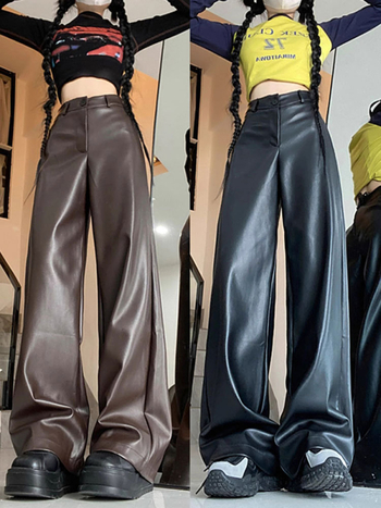 PU kožne široke hlače, visoki struk, za žene, jesen 2024, casual stil