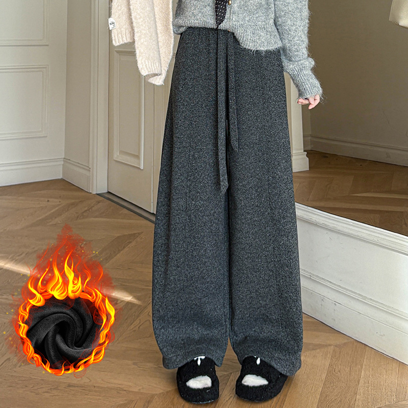 Ženske hlače s flis podstavom, visokim strukom, opuštena krojenje – ravne i široke nogavice, duge, poliester za jesen-zimu