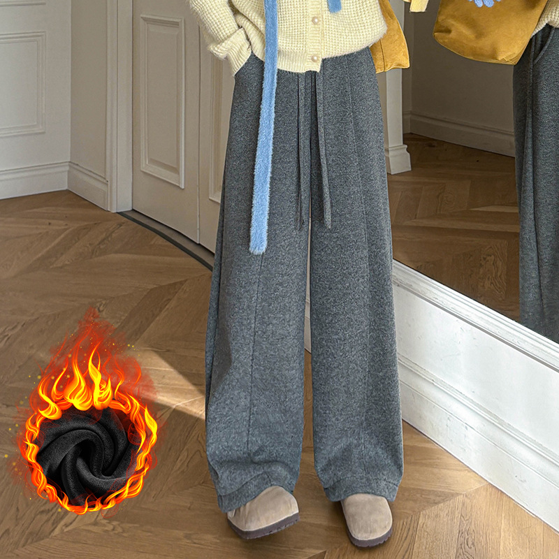 Ženske hlače s flis podstavom, visokim strukom, opuštena krojenje – ravne i široke nogavice, duge, poliester za jesen-zimu