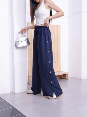 Női magas derekú, széles szárú nadrág, poliészter, vékony anyag, nyár 2025, elegáns irodai stílus