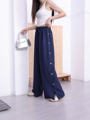 Női magas derekú, széles szárú nadrág, poliészter, vékony anyag, nyár 2025, elegáns irodai stílus