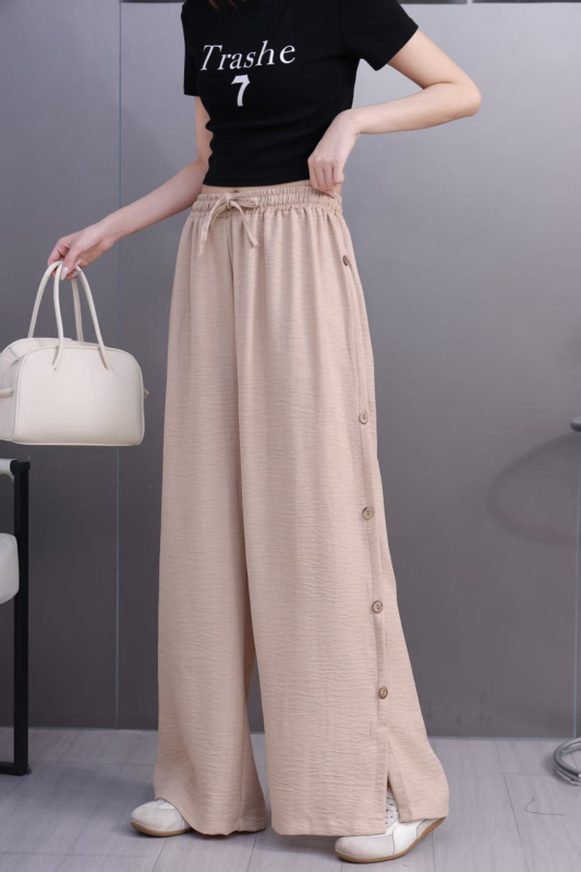 Női magas derekú, széles szárú nadrág, poliészter, vékony anyag, nyár 2025, elegáns irodai stílus