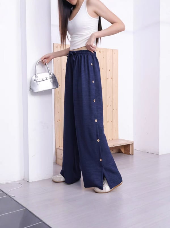 Női magas derekú, széles szárú nadrág, poliészter, vékony anyag, nyár 2025, elegáns irodai stílus