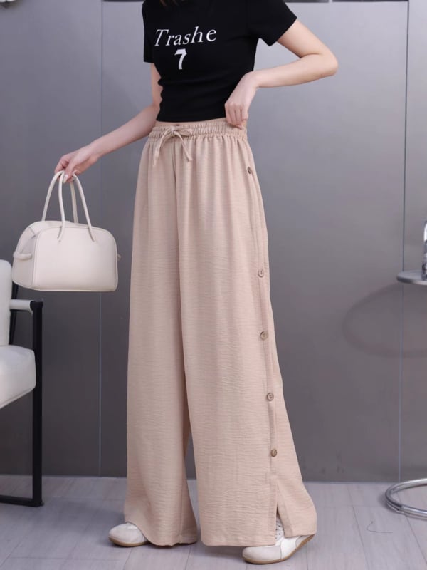 Női magas derekú, széles szárú nadrág, poliészter, vékony anyag, nyár 2025, elegáns irodai stílus