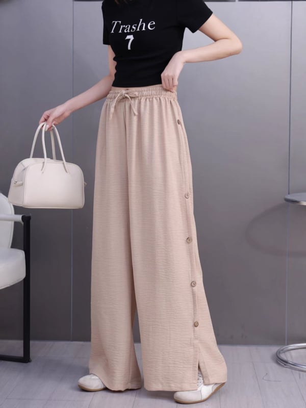 Női magas derekú, széles szárú nadrág, poliészter, vékony anyag, nyár 2025, elegáns irodai stílus