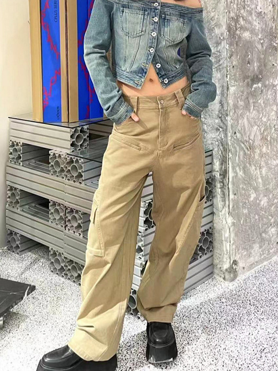 Ženske hlače od pamuka i elastana, širokog kroja, niski struk, pješčano pranje, street hipster stil