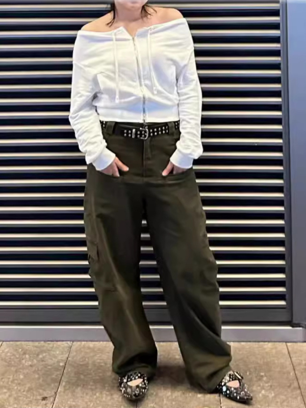 Ženske hlače od pamuka i elastana, širokog kroja, niski struk, pješčano pranje, street hipster stil