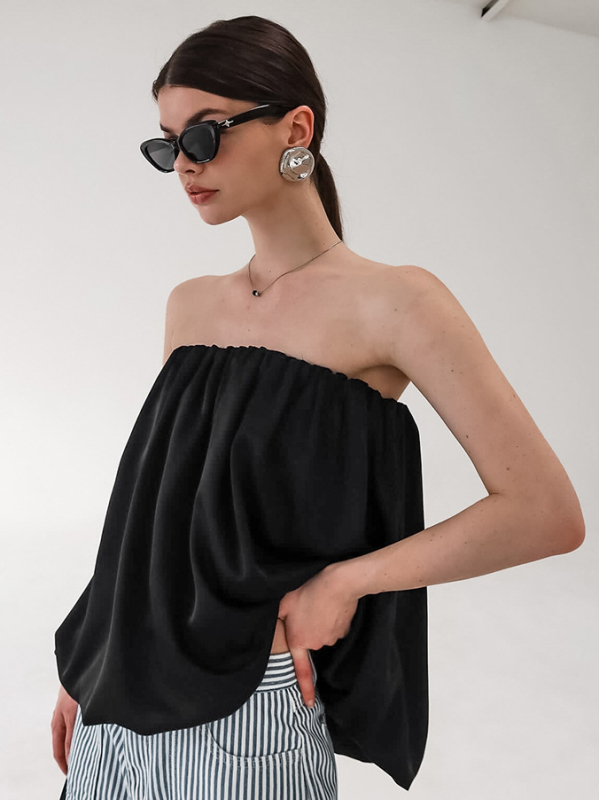 Top bez naramenica s rubnim u stilu suknje, standardna duljina, jednobojni poliester, elegantan uredski stil
