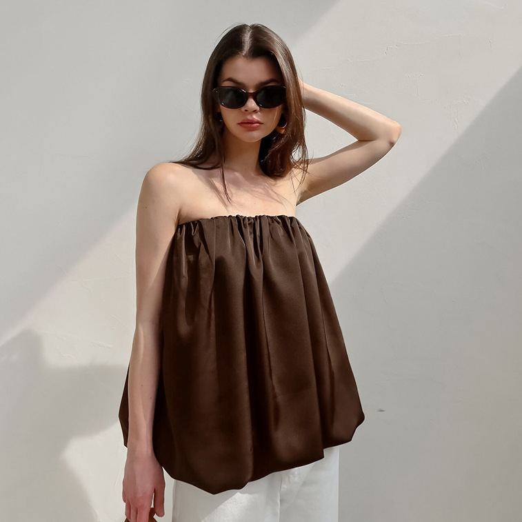 Top bez naramenica s rubnim u stilu suknje, standardna duljina, jednobojni poliester, elegantan uredski stil