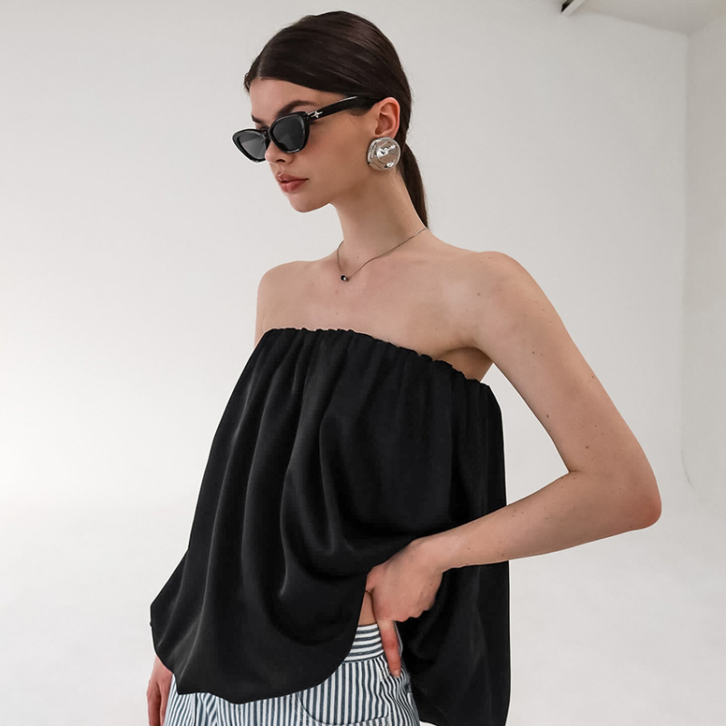 Top bez naramenica s rubnim u stilu suknje, standardna duljina, jednobojni poliester, elegantan uredski stil