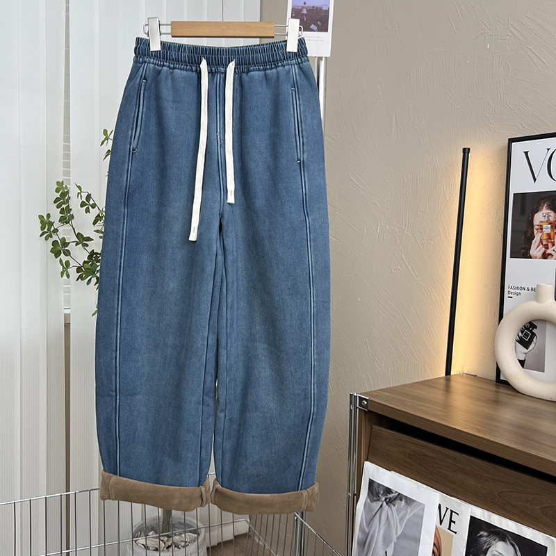 Ženske hlače Lyocell s fleceom, široki kroj, visok elastični pojas, puna duljina, casual gradski stil