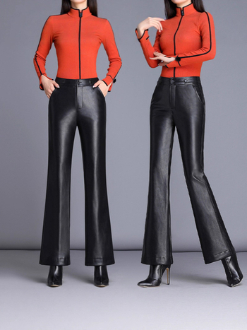 Pantaloni din piele PU pentru femei, croială evazată, talie înaltă, lungi, material principal poliester