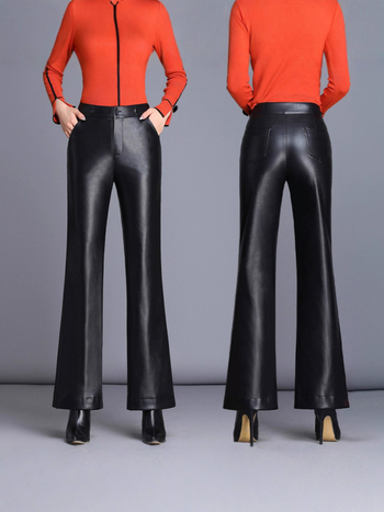 Pantaloni din piele PU pentru femei, croială evazată, talie înaltă, lungi, material principal poliester