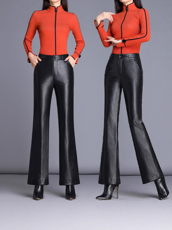 Pantaloni din piele PU pentru femei, croială evazată, talie înaltă, lungi, material principal poliester