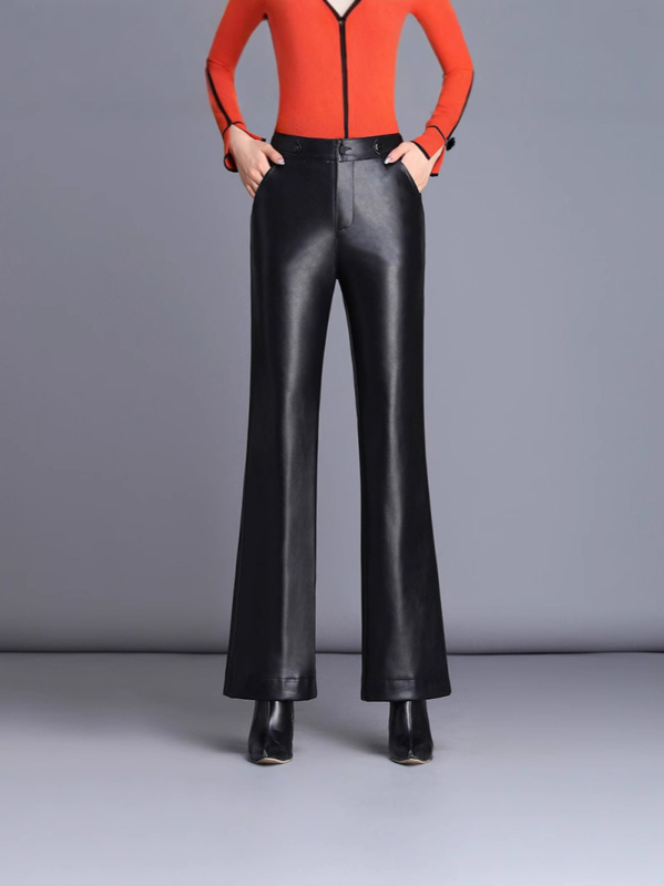 Pantaloni din piele PU pentru femei, croială evazată, talie înaltă, lungi, material principal poliester