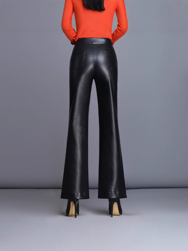 Pantaloni din piele PU pentru femei, croială evazată, talie înaltă, lungi, material principal poliester