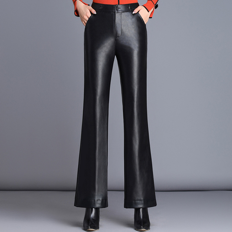 Pantaloni din piele PU pentru femei, croială evazată, talie înaltă, lungi, material principal poliester