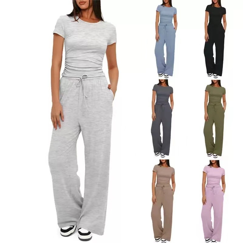 Ženski dvodjelni casual kostim s topom s volanima i širokim hlačama, smock detalji, poliester, Zexi, ljeto 2025