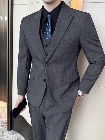 Muško trodijelno odijelo, Slim Fit, ovratnik barge, tkanina od pamuk-mešavine 73% acetata, Bonded podstava, za sve sezone