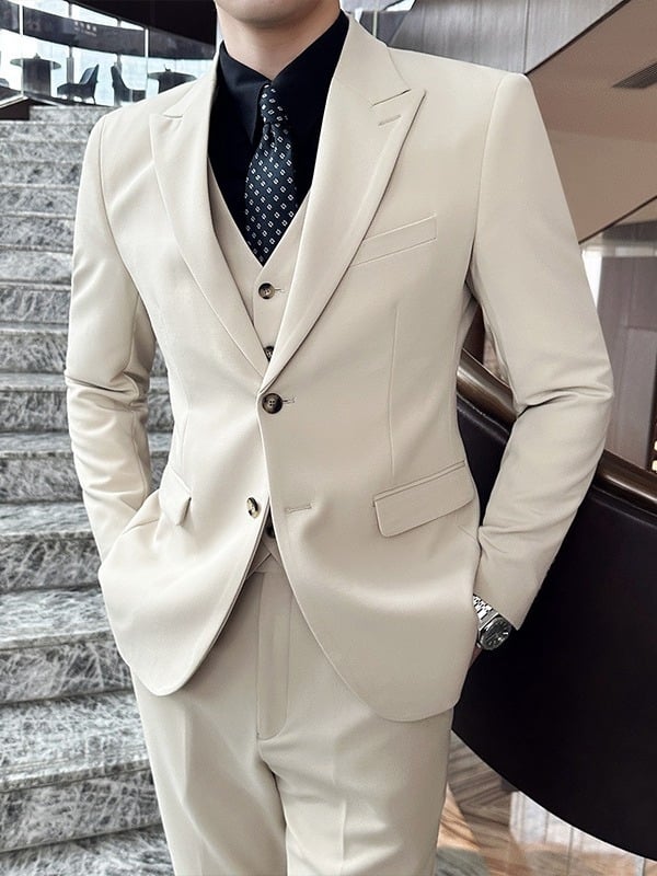 Muško trodijelno odijelo, Slim Fit, ovratnik barge, tkanina od pamuk-mešavine 73% acetata, Bonded podstava, za sve sezone