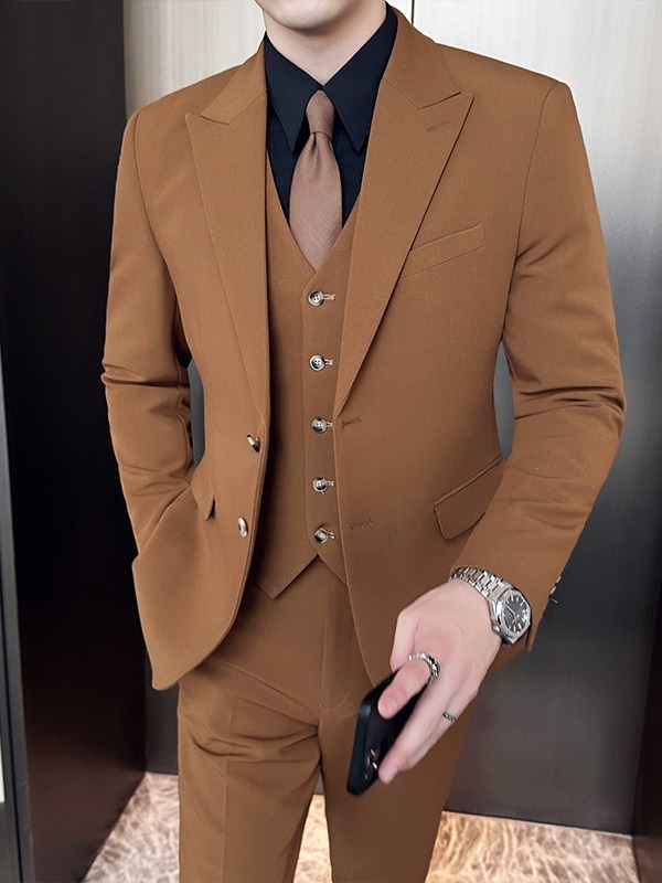 Muško trodijelno odijelo, Slim Fit, ovratnik barge, tkanina od pamuk-mešavine 73% acetata, Bonded podstava, za sve sezone