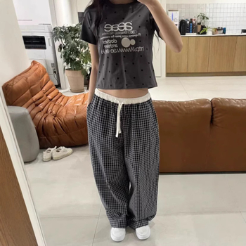 Casual široke hlače s kariranim printom, elastičan pojas, korejski stil, poliesterska smjesa 70-80%