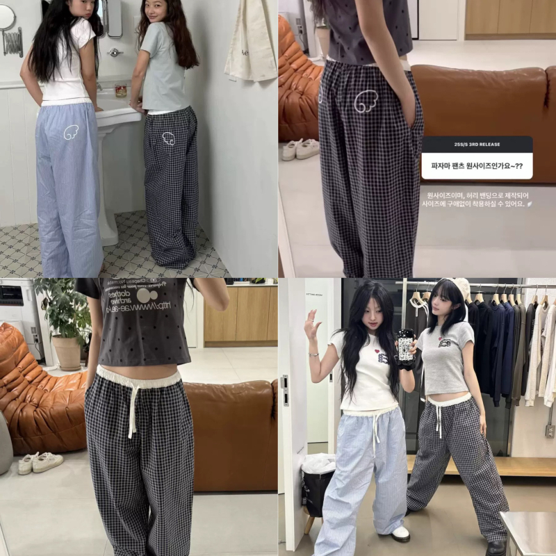 Casual široke hlače s kariranim printom, elastičan pojas, korejski stil, poliesterska smjesa 70-80%