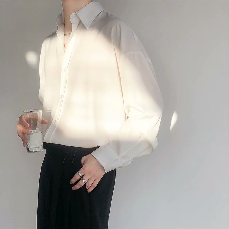Muški set košulje i hlača od Ice Silk, opušten kroj košulje s dugim rukavima i ravnih hlača, lagani poslovni stil, proljeće–jesen