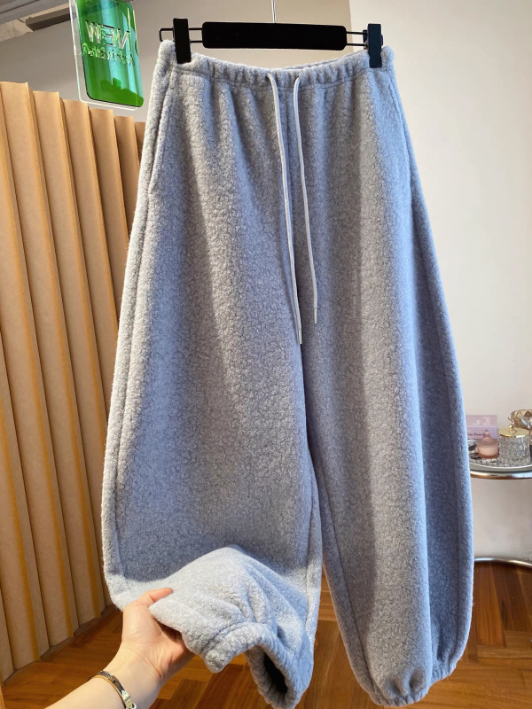 Ženske hlače od lambswool fleece, visok pojas, ravni kroj, debeli zimski komad, 95%+ poliester