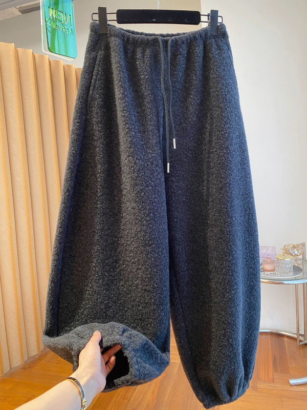 Ženske hlače od lambswool fleece, visok pojas, ravni kroj, debeli zimski komad, 95%+ poliester