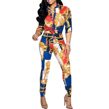 Dvodelni casual set s printom: košulja s reverom i hlače (Pattern: Print; Fabric: Polyester fiber; Season: Spring 2023; Style: Japanese/Korean leisure; Sleeve: Long)