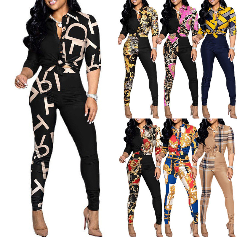 Dvodelni casual set s printom: košulja s reverom i hlače (Pattern: Print; Fabric: Polyester fiber; Season: Spring 2023; Style: Japanese/Korean leisure; Sleeve: Long)