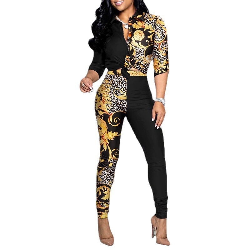 Dvodelni casual set s printom: košulja s reverom i hlače (Pattern: Print; Fabric: Polyester fiber; Season: Spring 2023; Style: Japanese/Korean leisure; Sleeve: Long)