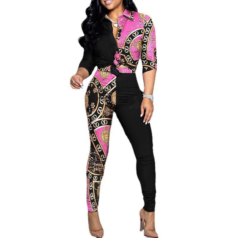 Dvodelni casual set s printom: košulja s reverom i hlače (Pattern: Print; Fabric: Polyester fiber; Season: Spring 2023; Style: Japanese/Korean leisure; Sleeve: Long)