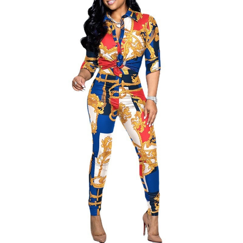Dvodelni casual set s printom: košulja s reverom i hlače (Pattern: Print; Fabric: Polyester fiber; Season: Spring 2023; Style: Japanese/Korean leisure; Sleeve: Long)