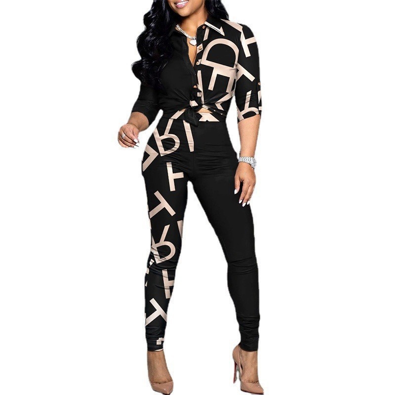 Dvodelni casual set s printom: košulja s reverom i hlače (Pattern: Print; Fabric: Polyester fiber; Season: Spring 2023; Style: Japanese/Korean leisure; Sleeve: Long)