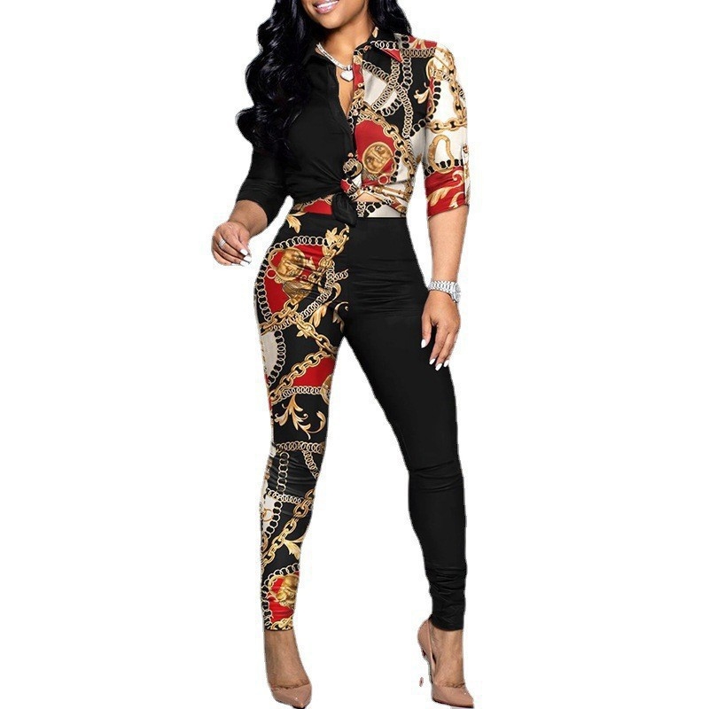 Dvodelni casual set s printom: košulja s reverom i hlače (Pattern: Print; Fabric: Polyester fiber; Season: Spring 2023; Style: Japanese/Korean leisure; Sleeve: Long)