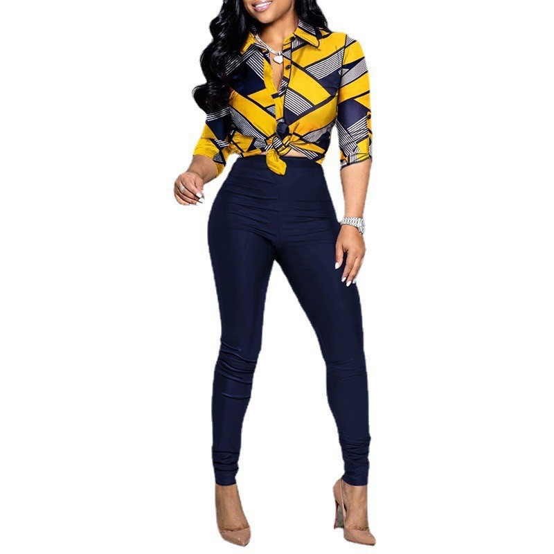 Dvodelni casual set s printom: košulja s reverom i hlače (Pattern: Print; Fabric: Polyester fiber; Season: Spring 2023; Style: Japanese/Korean leisure; Sleeve: Long)