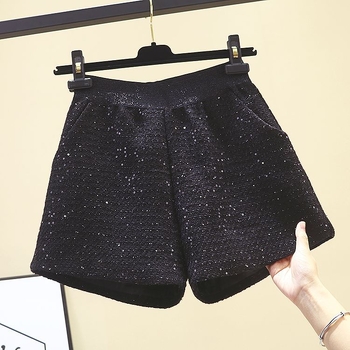 Casual široke hlače sa šljokicama, dužina 3/4, visok pojas, debeo poliester materijal, japansko-korejski opušten stil