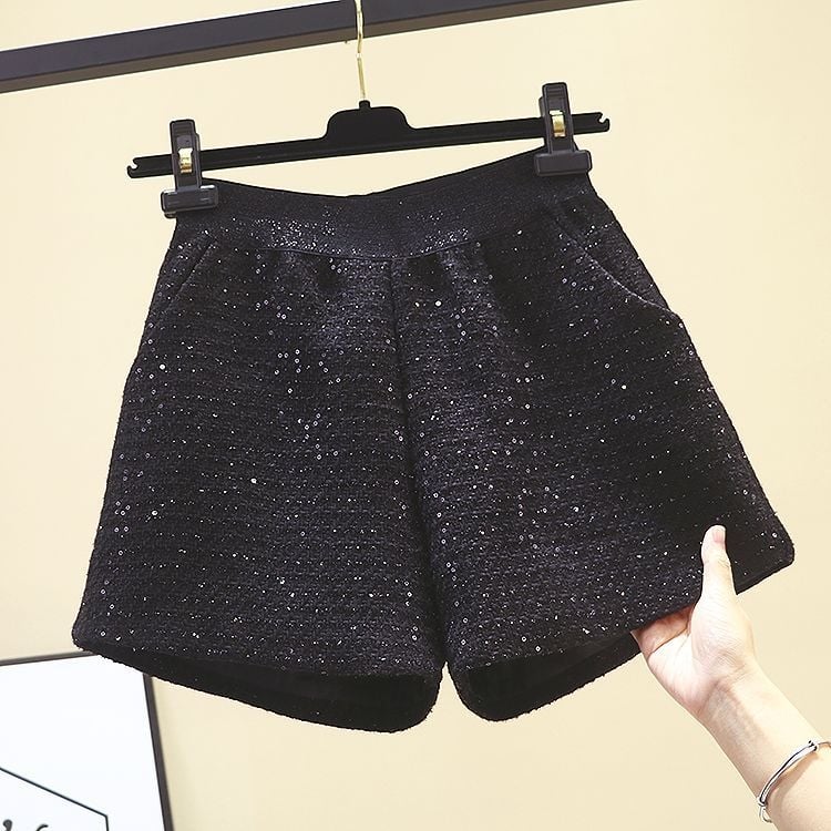 Casual široke hlače sa šljokicama, dužina 3/4, visok pojas, debeo poliester materijal, japansko-korejski opušten stil
