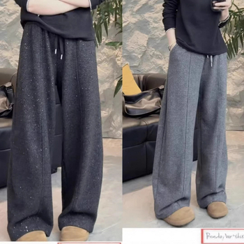 Pantaloni largi cu paiete, căptușeală fleece, țesătură poliester elastan, talie înaltă, iarnă 2025 casual