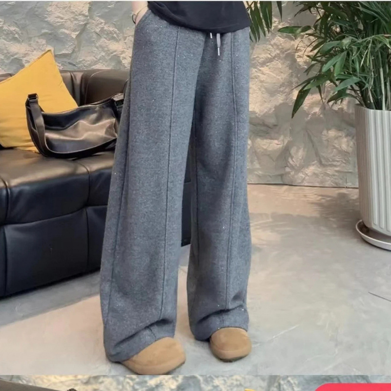 Pantaloni largi cu paiete, căptușeală fleece, țesătură poliester elastan, talie înaltă, iarnă 2025 casual