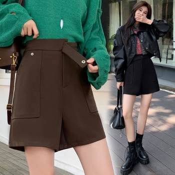 Pantaloni pentru femei, toamnă-iarnă, lână neregulată, croială A-line, largi, talie înaltă, țesătură groasă, stil urban casual