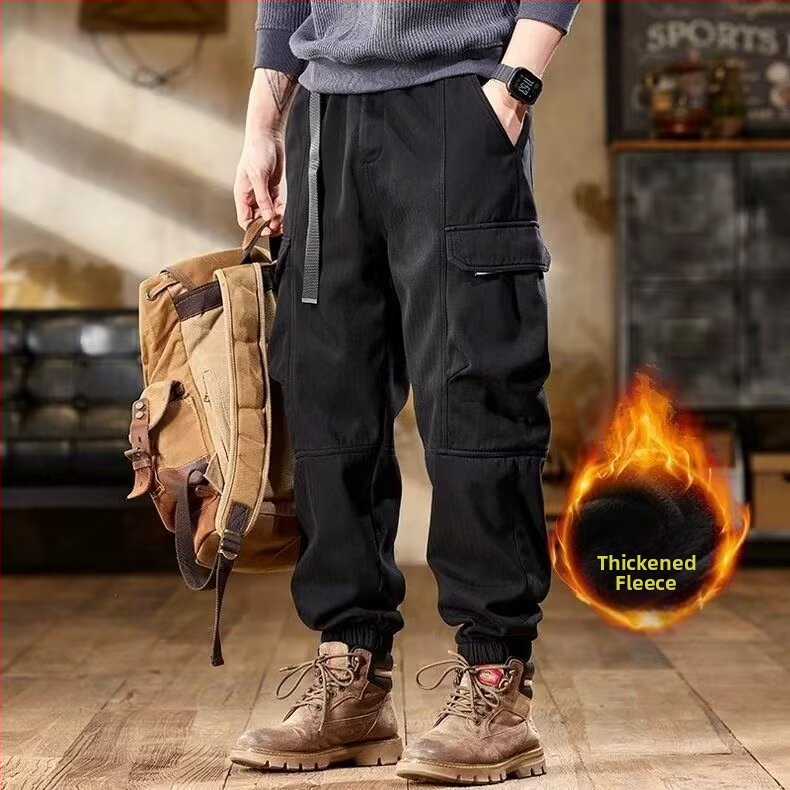 Jesensko-zimske široke muške hlače s višestrukim džepovima, cargo stil, izdržljive radne hlače s flis podstavom i debelim materijalom