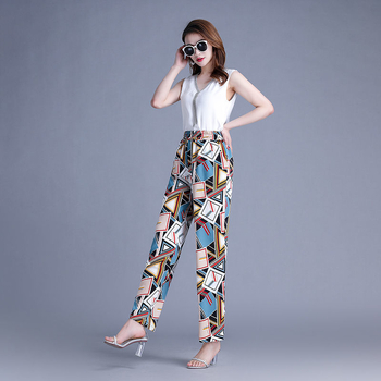 Pantaloni evazați din chiffon, cu buzunare, imprimeu floral, talie înaltă, croială ușoară, mercerizat, vară 2023