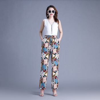 Pantaloni evazați din chiffon, cu buzunare, imprimeu floral, talie înaltă, croială ușoară, mercerizat, vară 2023