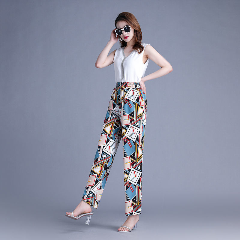 Pantaloni evazați din chiffon, cu buzunare, imprimeu floral, talie înaltă, croială ușoară, mercerizat, vară 2023