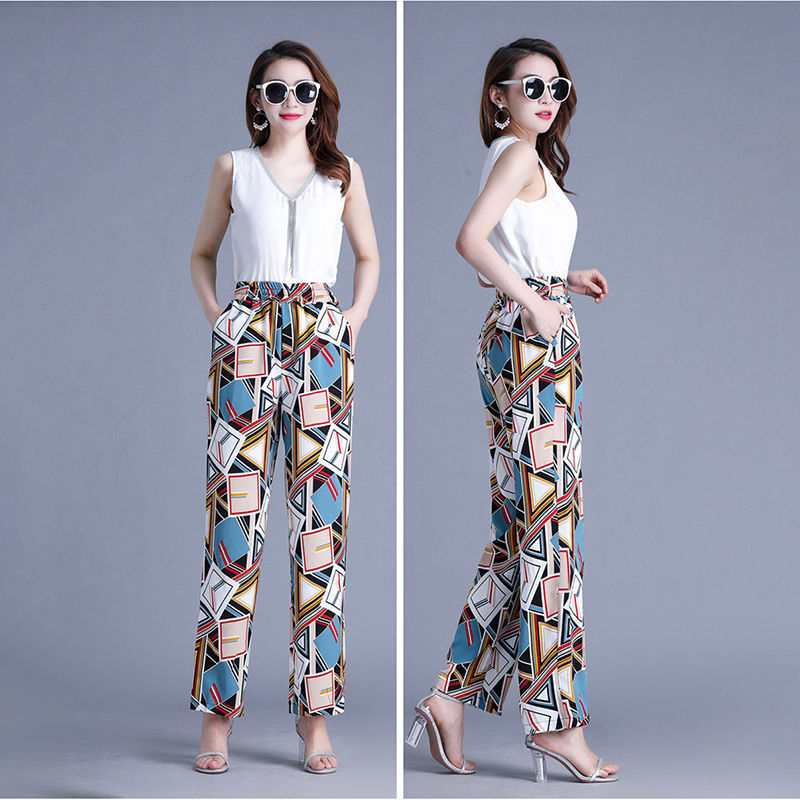 Pantaloni evazați din chiffon, cu buzunare, imprimeu floral, talie înaltă, croială ușoară, mercerizat, vară 2023