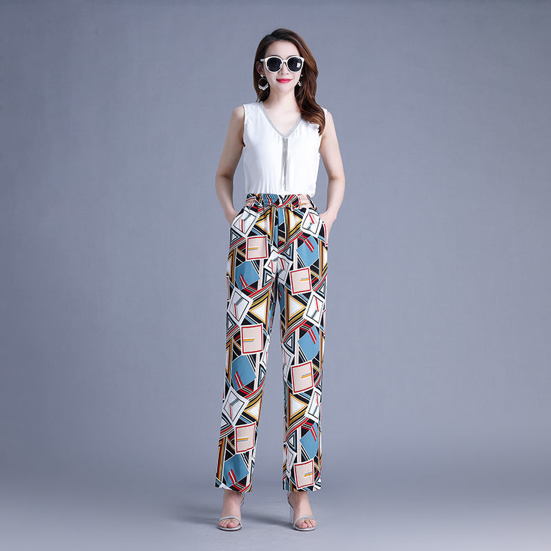 Pantaloni evazați din chiffon, cu buzunare, imprimeu floral, talie înaltă, croială ușoară, mercerizat, vară 2023